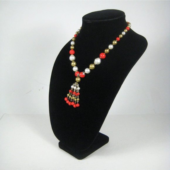 Imitation Pearl Beaded Necklace 18 inch Goldtone Strand Mid Century MOD Tassel - Picture 5 of 9